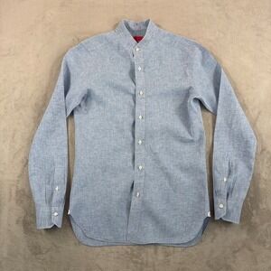 ISAIA Napoli Band Collar Dress Shirt in Blue 100% Linen Men 38 15 Made in Italy